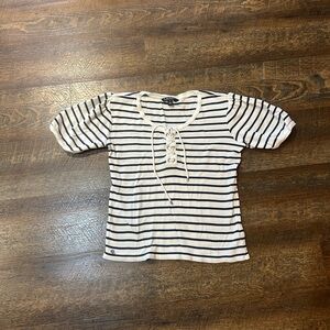 Lauren Ralph Lauren Navy and Cream Striped Lace-Up Top